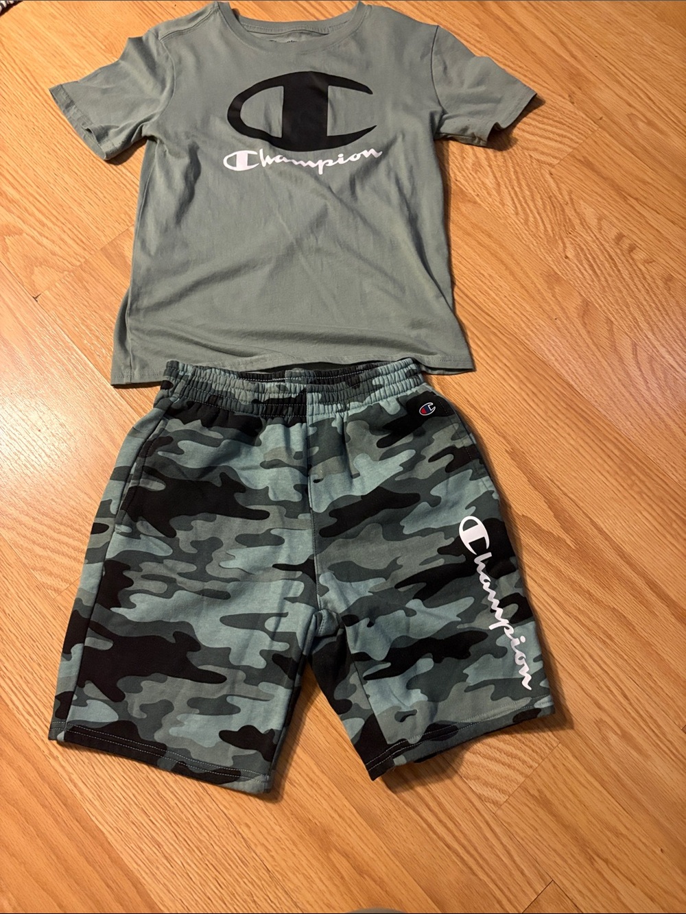Champion NWOT Olive Green Logo Tee with Green Camo Shorts Size 12
